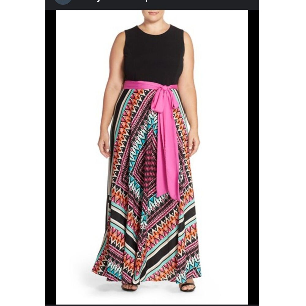 Eliza J Maxi Dress Women's Size 8 Sleeveless Scarf Geometric Print Flowy READ